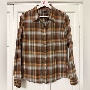 PrAna Plaid Button-Up Shirt Brown 100% Organic Cotton Western Country Prairie